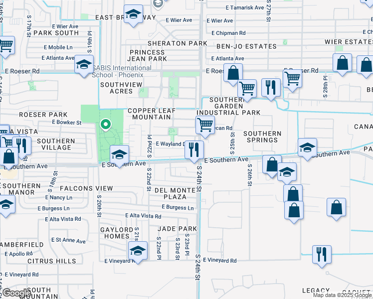 map of restaurants, bars, coffee shops, grocery stores, and more near 2344 East Wayland Drive in Phoenix