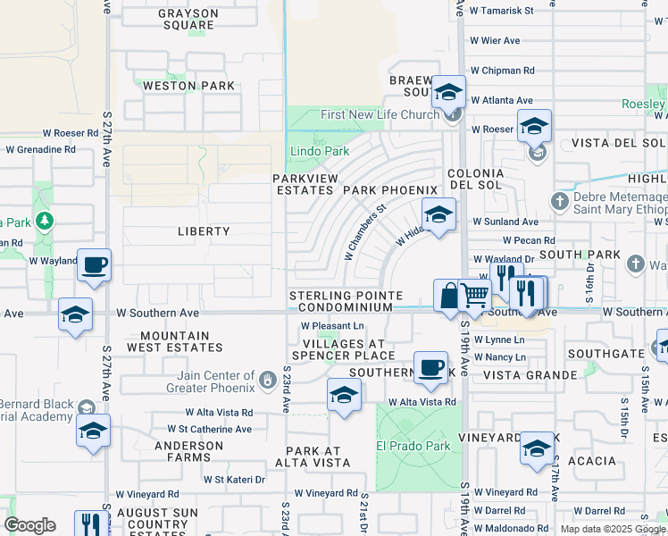 map of restaurants, bars, coffee shops, grocery stores, and more near 2245 West Wayland Drive in Phoenix