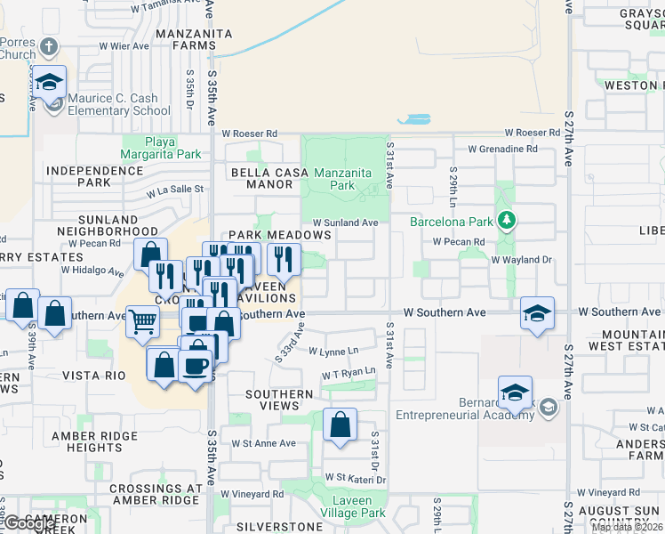 map of restaurants, bars, coffee shops, grocery stores, and more near 3228 West Wayland Drive in Phoenix