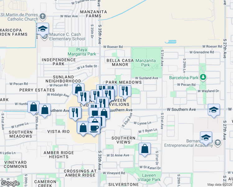 map of restaurants, bars, coffee shops, grocery stores, and more near 5718 South 33rd Drive in Phoenix