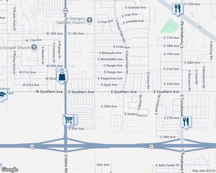 map of restaurants, bars, coffee shops, grocery stores, and more near 538 East Quail Avenue in Apache Junction