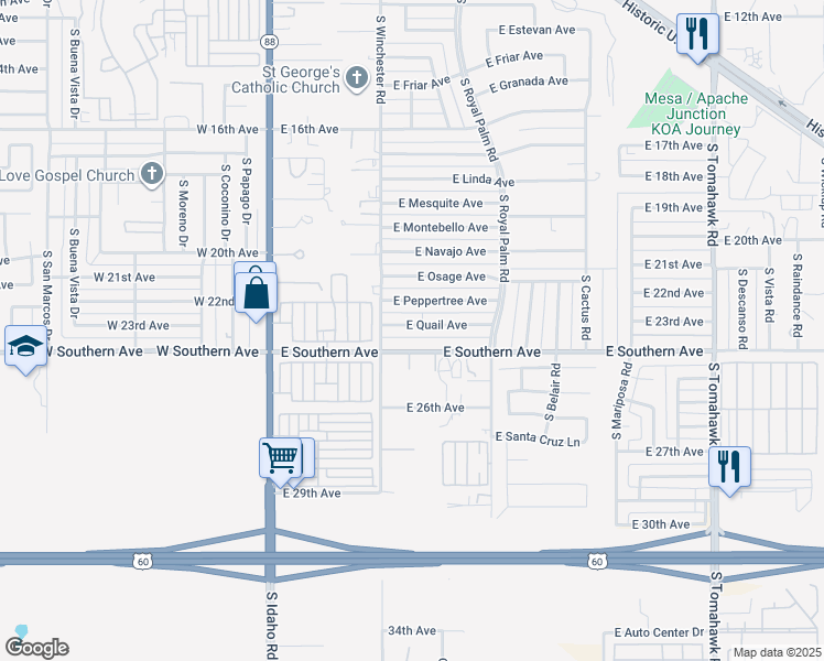 map of restaurants, bars, coffee shops, grocery stores, and more near 501 East Quail Avenue in Apache Junction