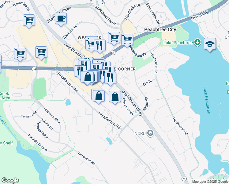 map of restaurants, bars, coffee shops, grocery stores, and more near in Peachtree City