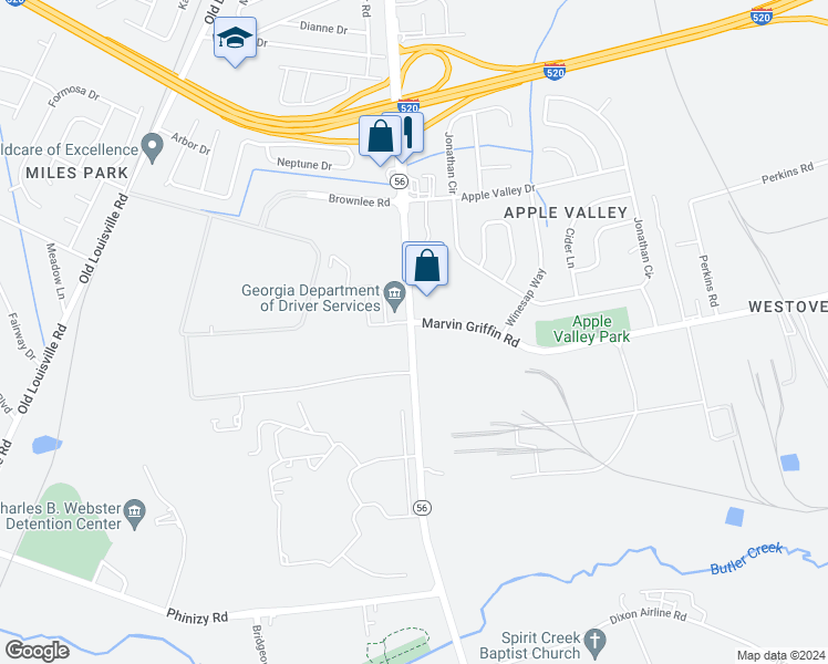 map of restaurants, bars, coffee shops, grocery stores, and more near 3418 Mike Padgett Highway in Augusta