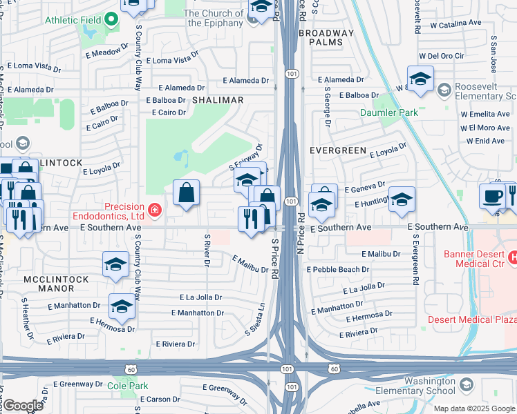 map of restaurants, bars, coffee shops, grocery stores, and more near 2150 East Southern Avenue in Tempe