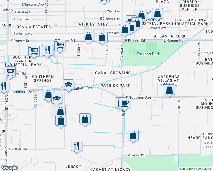 map of restaurants, bars, coffee shops, grocery stores, and more near 3026 East Old Southern Avenue in Phoenix