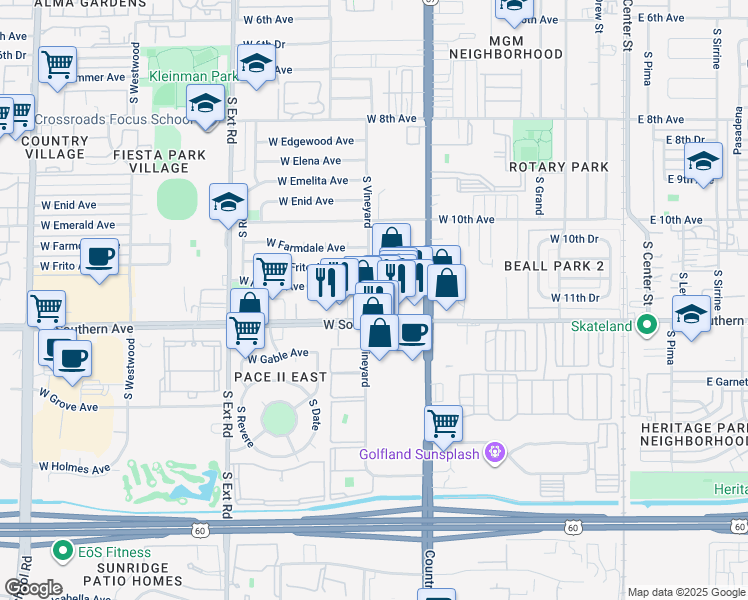 map of restaurants, bars, coffee shops, grocery stores, and more near 527 West Flower Avenue in Mesa