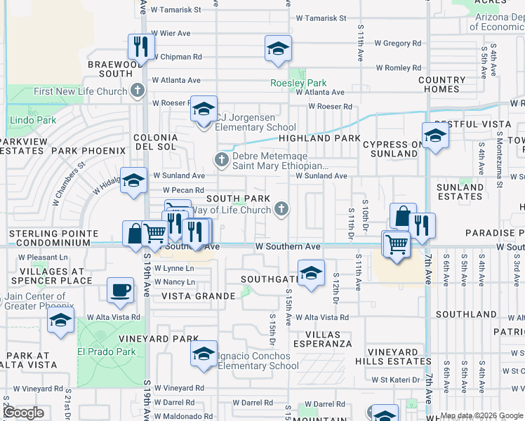 map of restaurants, bars, coffee shops, grocery stores, and more near 1550 West Southern Avenue in Phoenix
