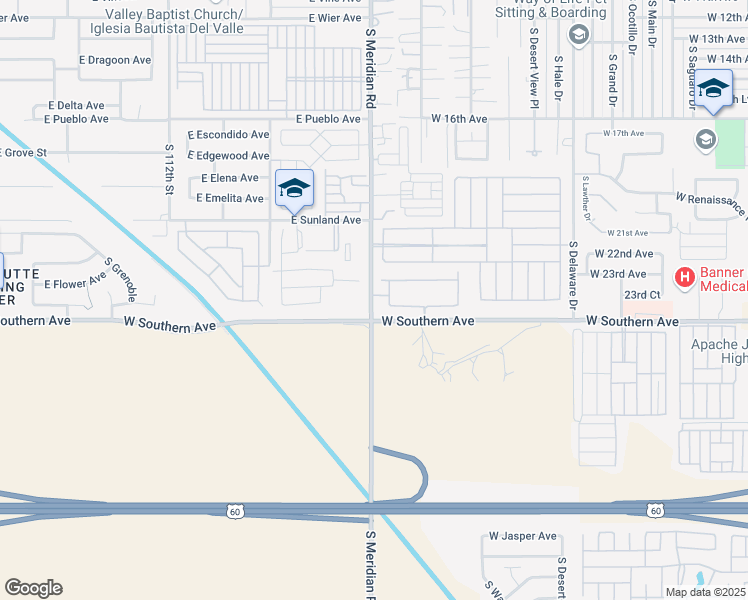 map of restaurants, bars, coffee shops, grocery stores, and more near 2203 South Meridian Road in Apache Junction