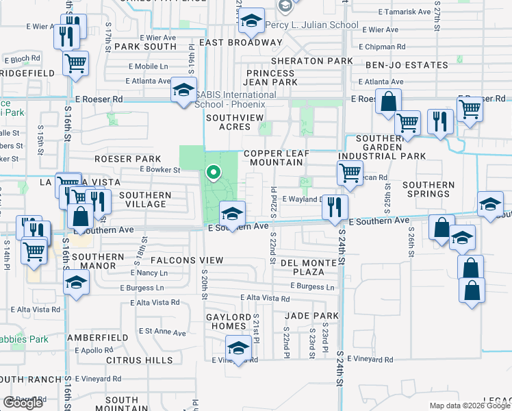 map of restaurants, bars, coffee shops, grocery stores, and more near 5724 South 21st Terrace in Phoenix