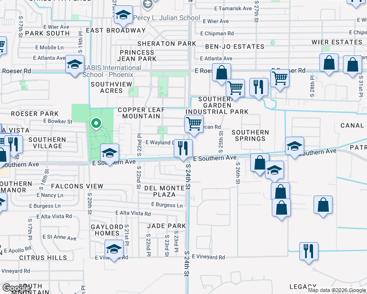 map of restaurants, bars, coffee shops, grocery stores, and more near 2344 East Wayland Drive in Phoenix
