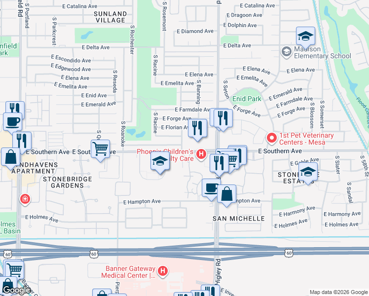 map of restaurants, bars, coffee shops, grocery stores, and more near 5110 East Southern Avenue in Mesa