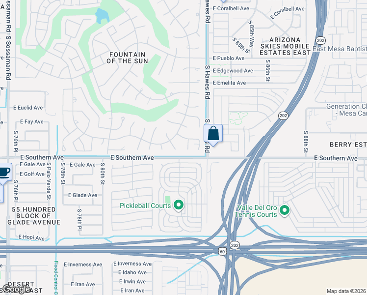 map of restaurants, bars, coffee shops, grocery stores, and more near 8265 East Fable Circle in Mesa
