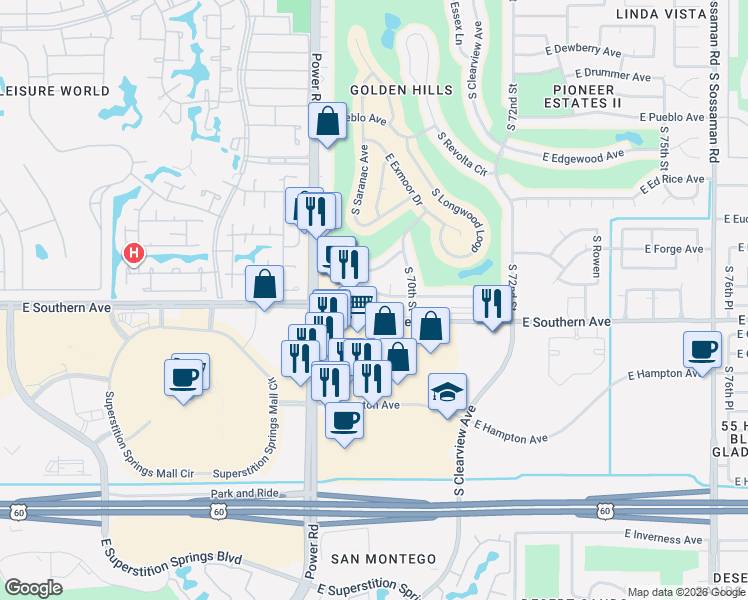 map of restaurants, bars, coffee shops, grocery stores, and more near 6869 East Flossmoor Avenue in Mesa
