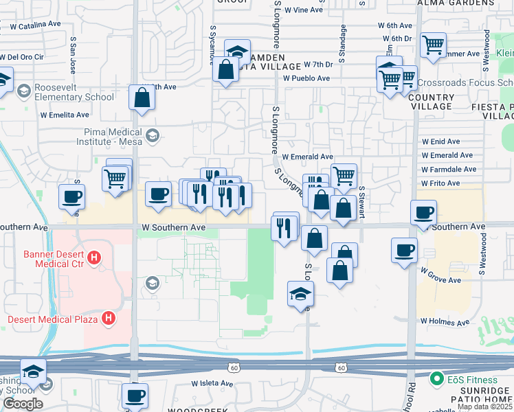 map of restaurants, bars, coffee shops, grocery stores, and more near 1620 West Southern Avenue in Mesa