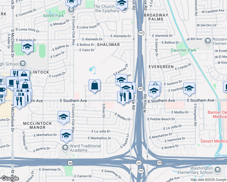 map of restaurants, bars, coffee shops, grocery stores, and more near 2116 East Geneva Drive in Tempe