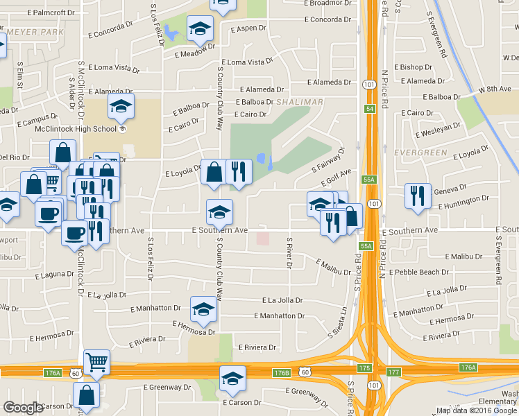 map of restaurants, bars, coffee shops, grocery stores, and more near 3205 South Fairfield Drive in Tempe