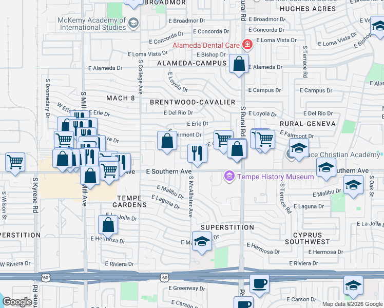 map of restaurants, bars, coffee shops, grocery stores, and more near 537 East Geneva Drive in Tempe