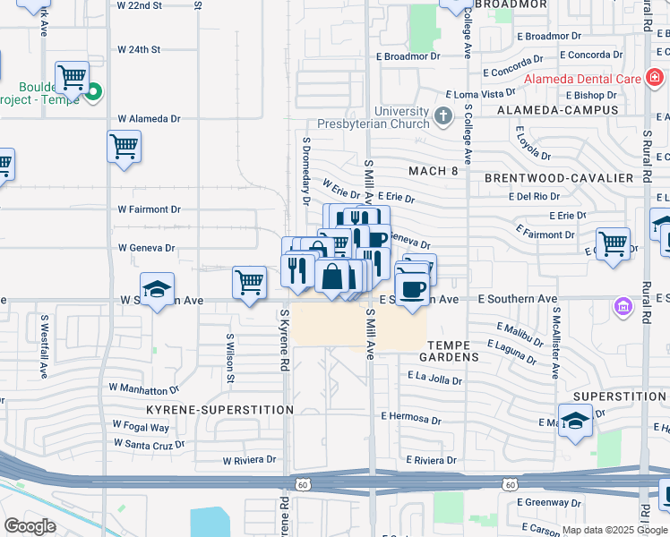 map of restaurants, bars, coffee shops, grocery stores, and more near 242 West Southern Avenue in Tempe