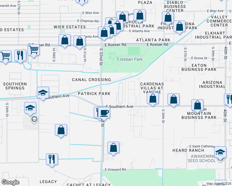 map of restaurants, bars, coffee shops, grocery stores, and more near 3240 East Southern Avenue in Phoenix