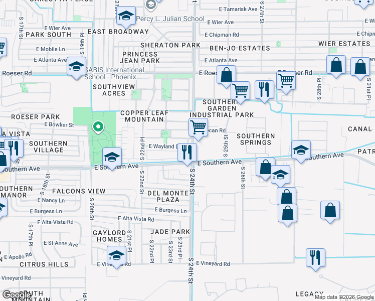 map of restaurants, bars, coffee shops, grocery stores, and more near 2344 East Wayland Drive in Phoenix