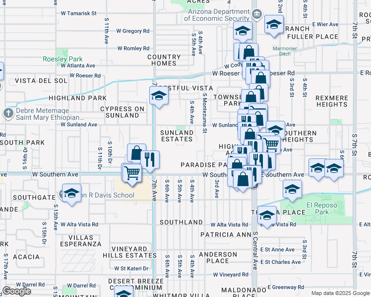 map of restaurants, bars, coffee shops, grocery stores, and more near 5637 South 5th Drive in Phoenix
