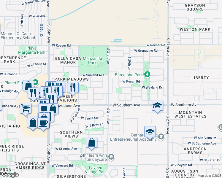 map of restaurants, bars, coffee shops, grocery stores, and more near 5719 South 31st Drive in Phoenix