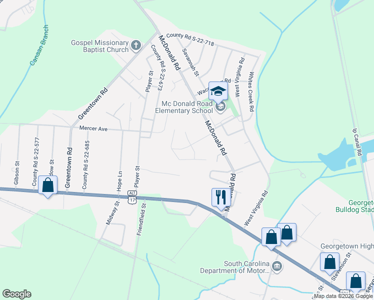 map of restaurants, bars, coffee shops, grocery stores, and more near 179 Player Street in Georgetown