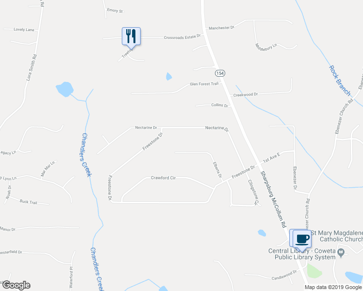 map of restaurants, bars, coffee shops, grocery stores, and more near 125 Elberta Drive in Newnan
