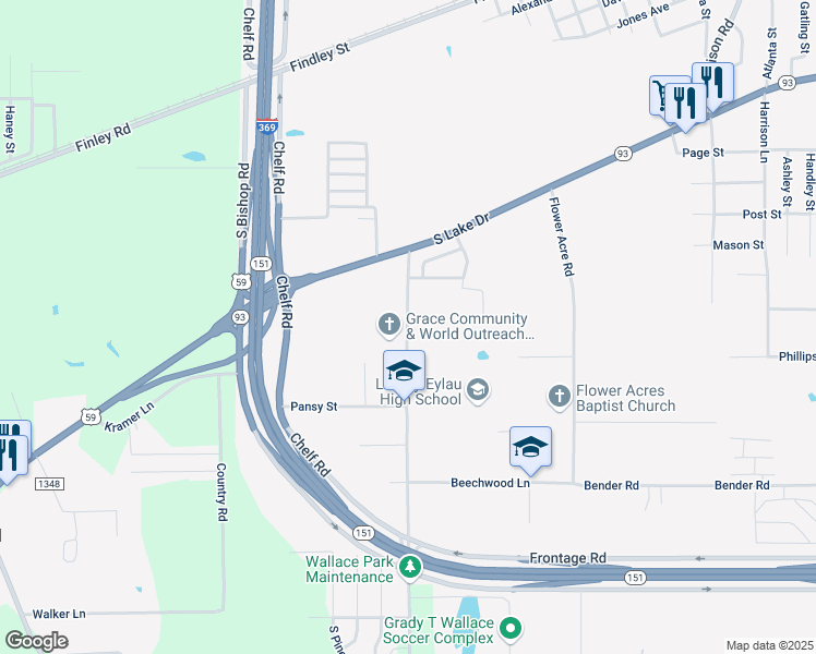 map of restaurants, bars, coffee shops, grocery stores, and more near 2543-2999 Leopard Drive in Texarkana