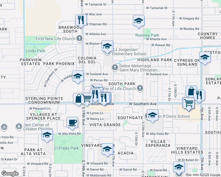 map of restaurants, bars, coffee shops, grocery stores, and more near 1702 West Wayland Drive in Phoenix