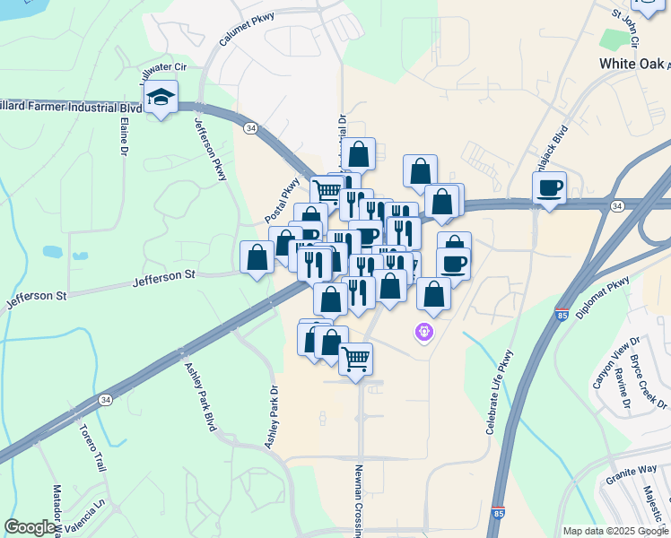 map of restaurants, bars, coffee shops, grocery stores, and more near Georgia 34 in Newnan