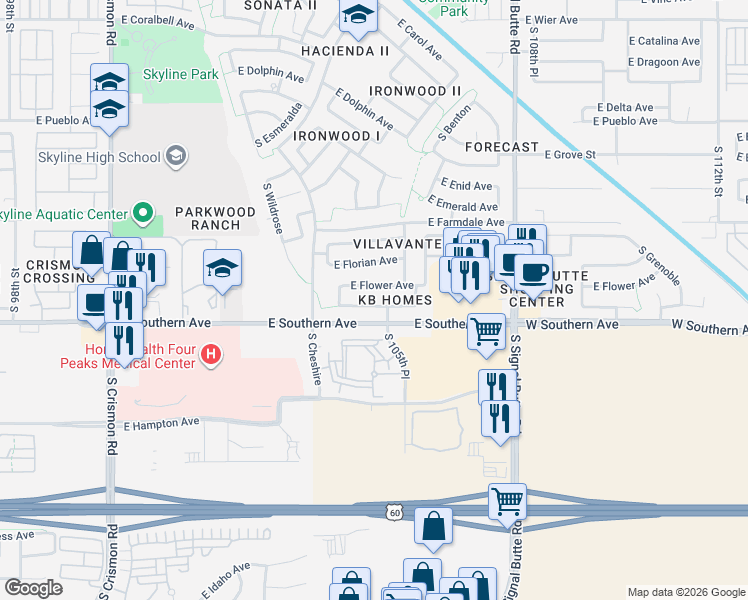 map of restaurants, bars, coffee shops, grocery stores, and more near 10521 East Flower Avenue in Mesa