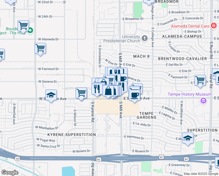 map of restaurants, bars, coffee shops, grocery stores, and more near 3232 South Mill Avenue in Tempe