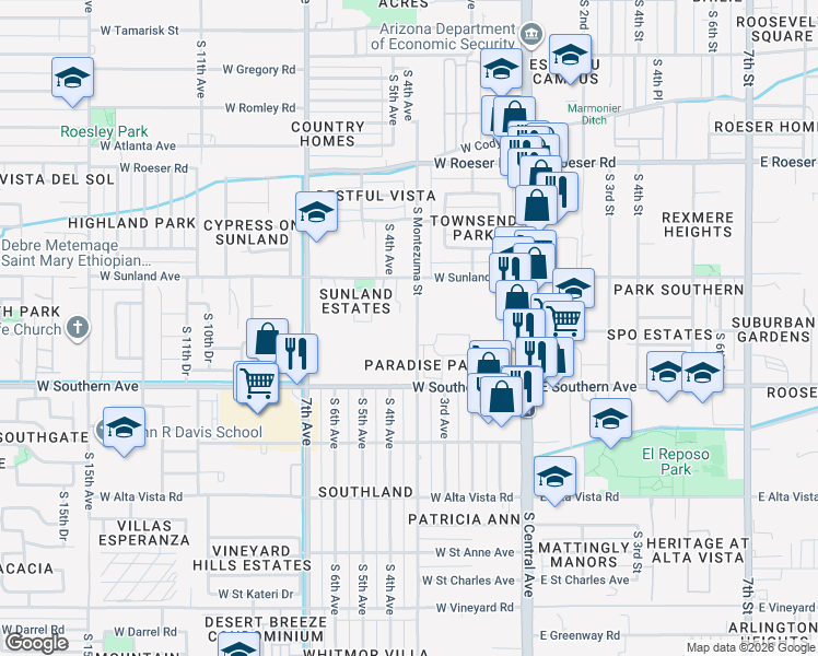 map of restaurants, bars, coffee shops, grocery stores, and more near 5646 South Montezuma Street in Phoenix