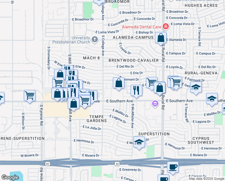 map of restaurants, bars, coffee shops, grocery stores, and more near 403 East Geneva Drive in Tempe