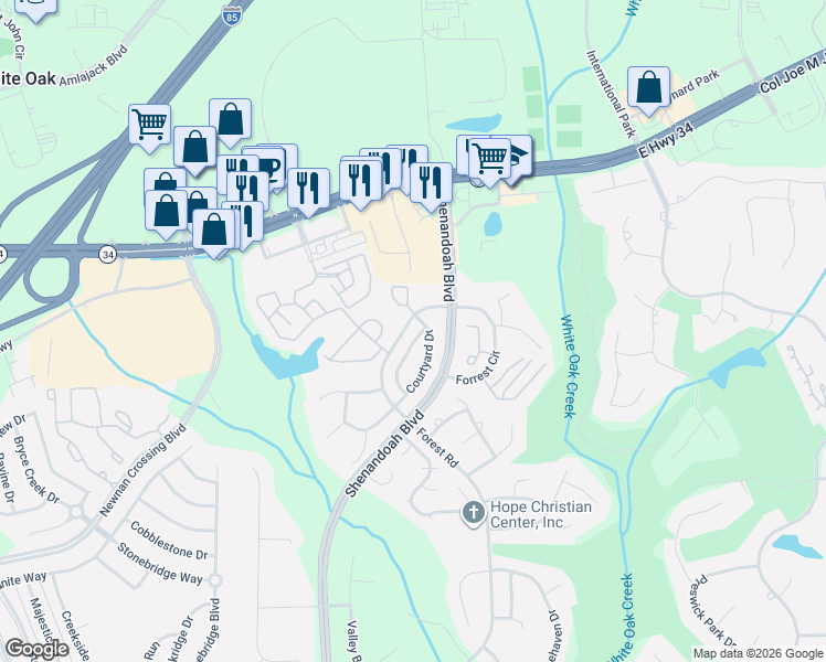 map of restaurants, bars, coffee shops, grocery stores, and more near 30 Courtyard Drive in Newnan