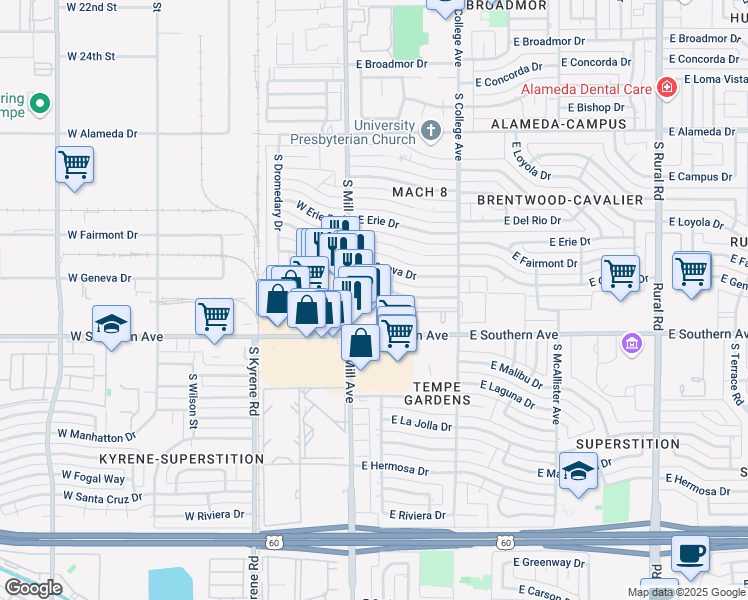 map of restaurants, bars, coffee shops, grocery stores, and more near 3117 South Mill Avenue in Tempe