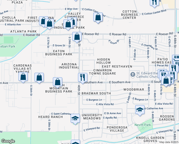 map of restaurants, bars, coffee shops, grocery stores, and more near 5652 South 41st Street in Phoenix