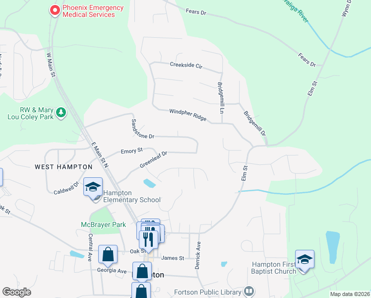 map of restaurants, bars, coffee shops, grocery stores, and more near 211 Greenleaf Drive in Hampton