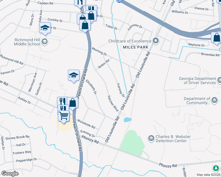 map of restaurants, bars, coffee shops, grocery stores, and more near 1929 Fairway Drive in Augusta
