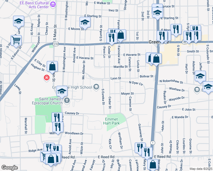 map of restaurants, bars, coffee shops, grocery stores, and more near 913 Cedar Street in Greenville