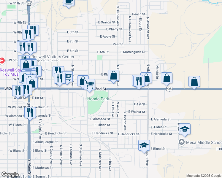 map of restaurants, bars, coffee shops, grocery stores, and more near 907 East 2nd Street in Roswell