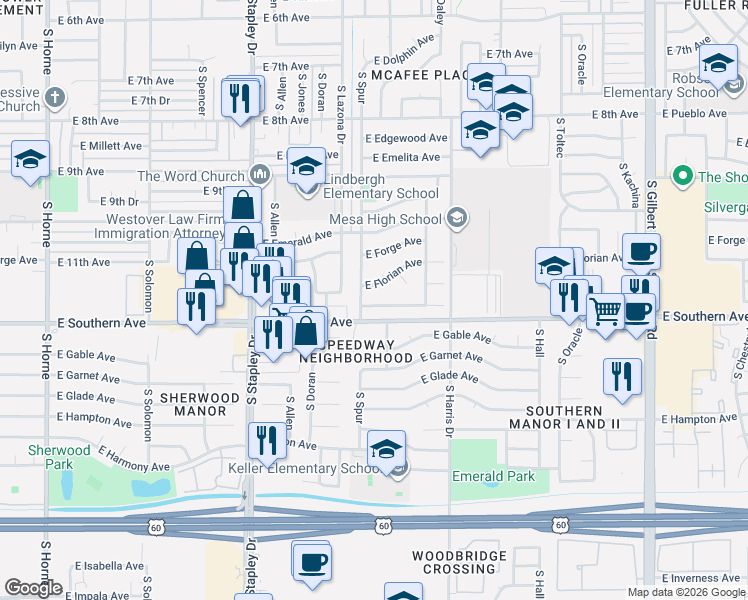map of restaurants, bars, coffee shops, grocery stores, and more near 1441 East Florian Avenue in Mesa
