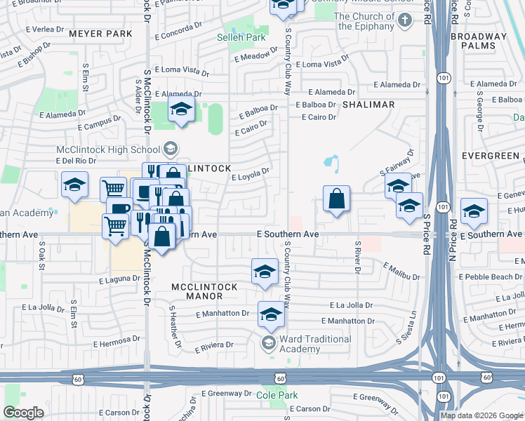 map of restaurants, bars, coffee shops, grocery stores, and more near 3227 South Kenwood Lane in Tempe