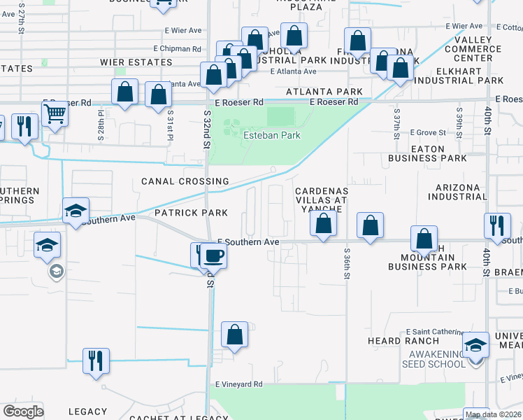 map of restaurants, bars, coffee shops, grocery stores, and more near 3334 East Southern Avenue in Phoenix