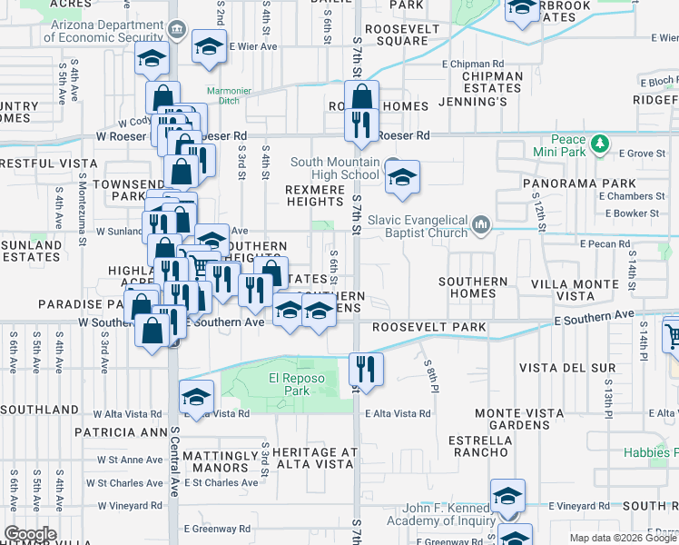 map of restaurants, bars, coffee shops, grocery stores, and more near 5644 South 7th Street in Phoenix