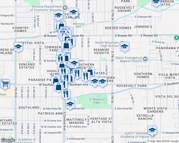 map of restaurants, bars, coffee shops, grocery stores, and more near 5634 South 4th Street in Phoenix