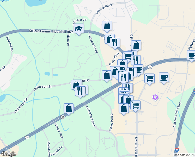 map of restaurants, bars, coffee shops, grocery stores, and more near 6 Jefferson Parkway in Newnan
