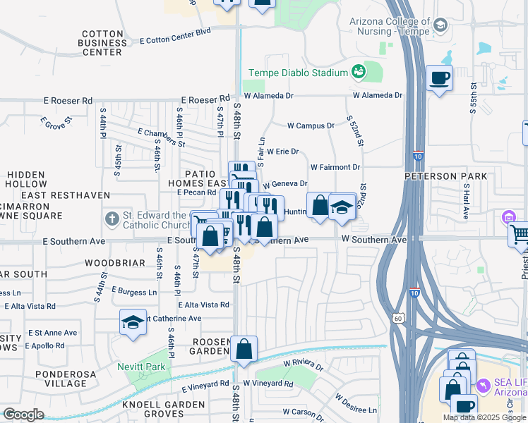 map of restaurants, bars, coffee shops, grocery stores, and more near 3202 S Fair Ln in Tempe